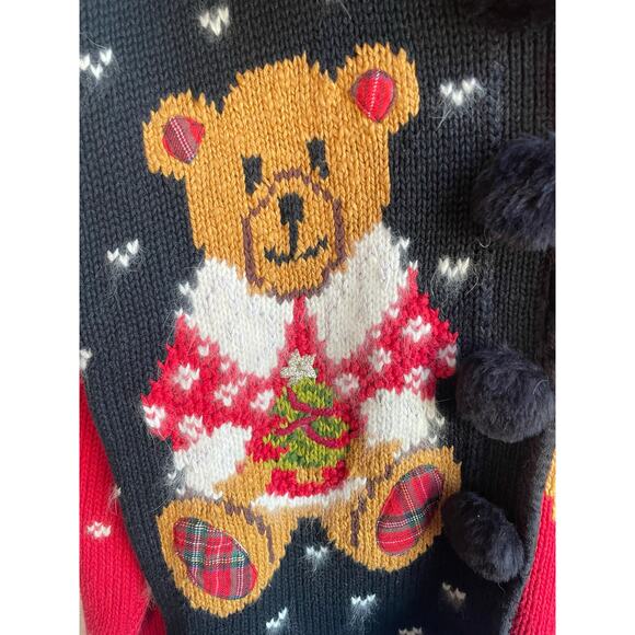 VTG 90s Elana Carello Bear Christmas Cardigan Faux Fur Collar Pom Buttons - Picture 3 of 8